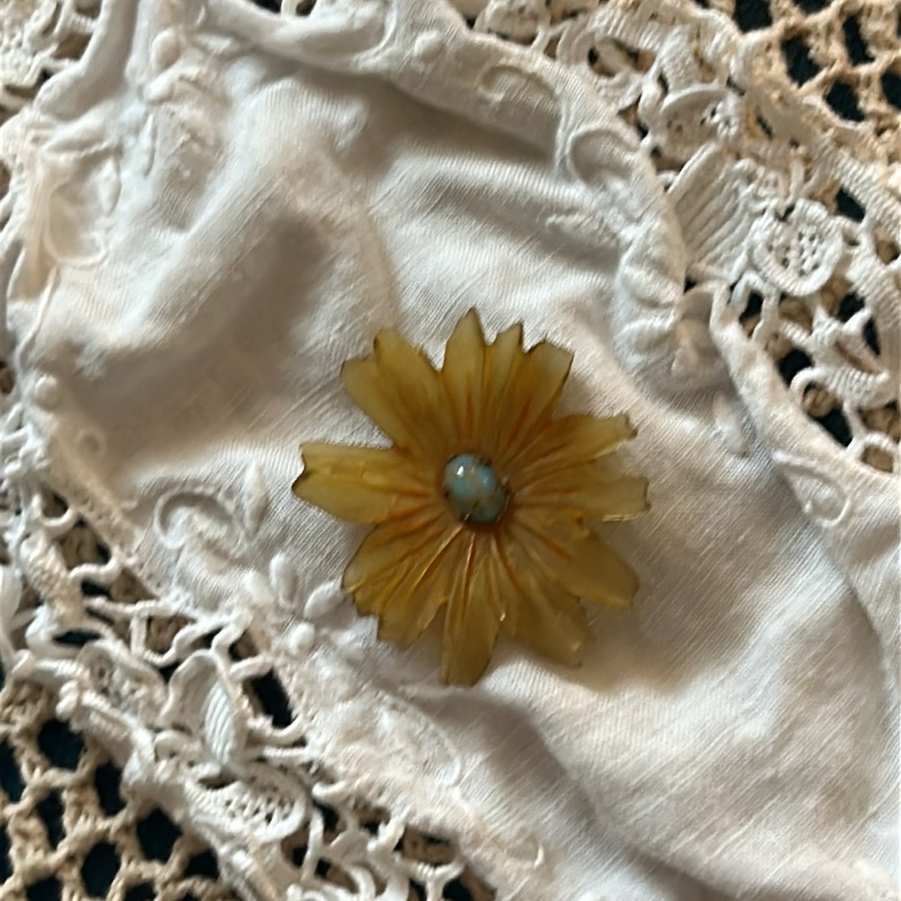 Antique Signed Celluloid Genuine Turquoise Flower C Clasp Brooch - Picture 11 of 15
